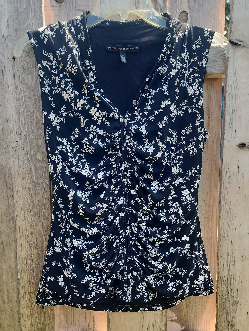 White House Black Market Black Floral Ruched Front Sleeveless Top